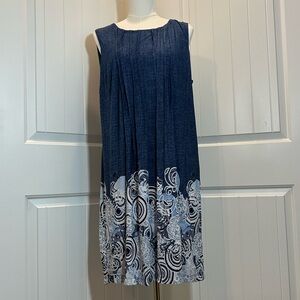 Faux Denim Dress Pleated Front & Back Sleeveless Knee Length Embroidered Bottom
